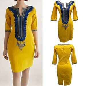 126 Like New | Handmade Women’s Yellow and Blue Embroidered Dress (size S)
